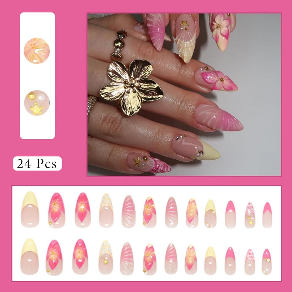 Nakhoon Premium 3D Blumenschale Aufstecknägel für Damen | Wiederverwendbare Mandel-Fingernägel | Glänzende Nude-Rosa Französische Spitze Künstliche Nägel mit Perlen-Design