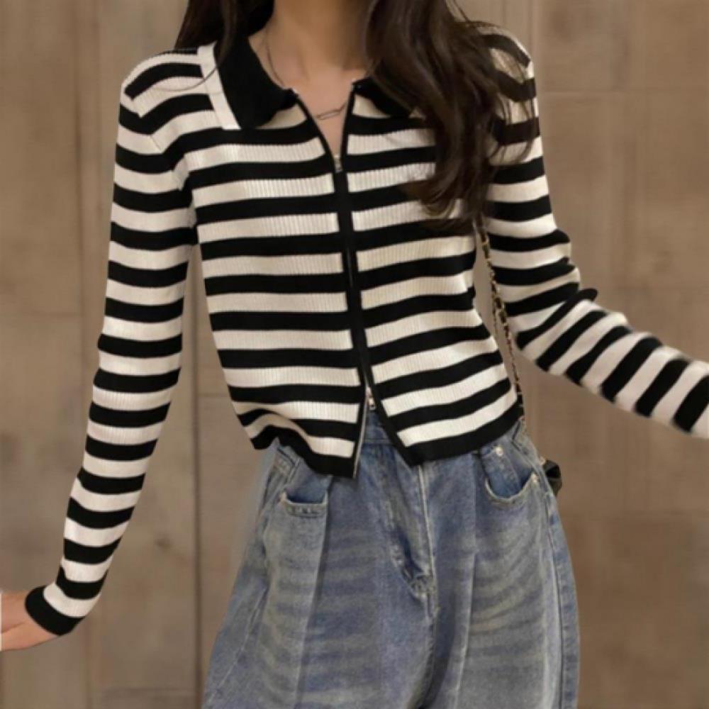 New ArrivalS Open Run Women S Stripe Two Way Zip Up Collar Neck Long Sleeve Knit