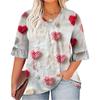Women's Fashion Casual  Printed V-Neck Pleated Seven Minute Sleeve Ruffle Sleeve T-Shirt Plus Size Tops