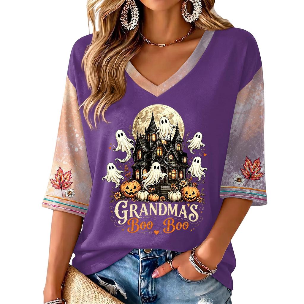 Women's V-Neck Casual Halloween Print Three-Quarter Sleeve Top for Fall Festive Occasions