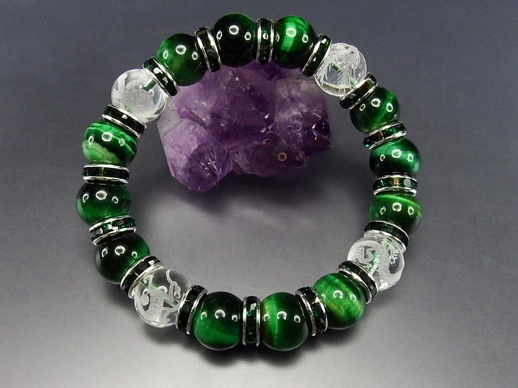 isigaii Natural Green Tiger Eye Crystal Hand-Carved Four Gods Rondelle Bracelet, Approx. 12mm, Power Stone