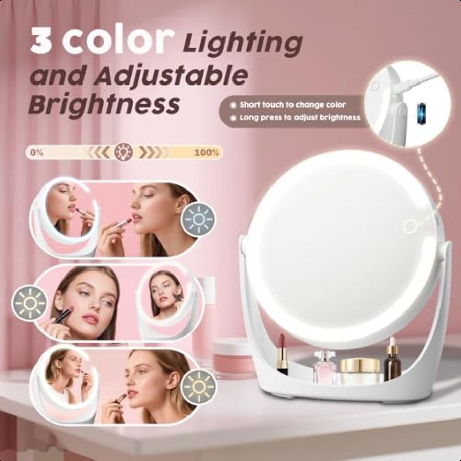 Makeup Vanity Mirror with Lights 10x 1x Magnifying Mirror with 3 Colors Light 360Rotation HD Magnifying Mirror LEDs 1500 mAh Re