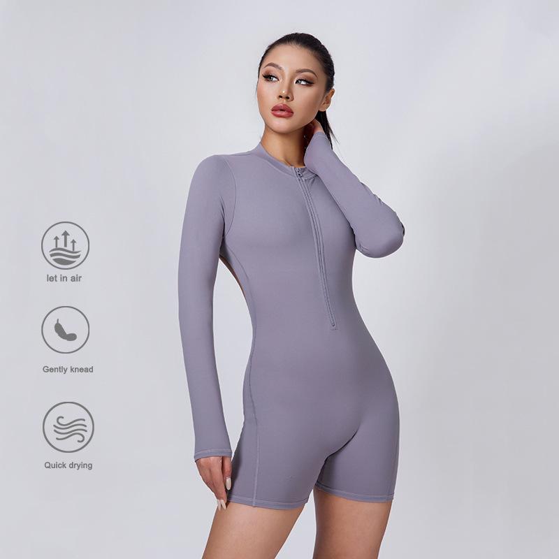 European & American Peach Lift One-Piece Yoga Bodysuit: Cross-Back, Hollow Design, Outerwear, Sports Shorts Style.