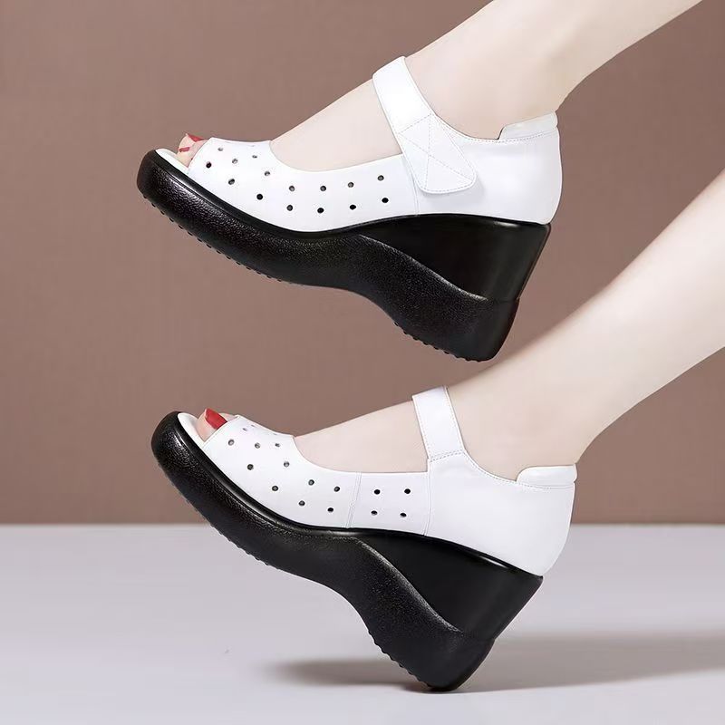 Women Summer New Leather Wedges Peep Toe Sandals Thick Sole Hollow Out Lightweight Breathable Velcro High Heel Cave Sandals