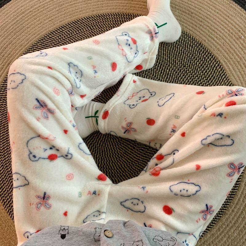 Korean Style Women's Fleece Pajama Pants - Flannel Cartoon Design for Autumn and Winter