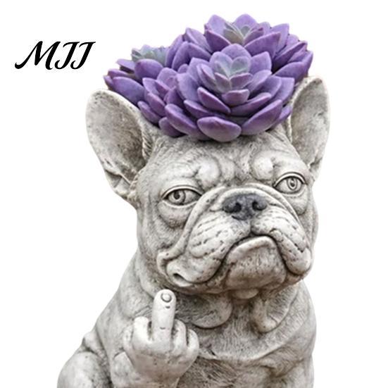 Small Plant Pot Bulldog Dog Planter Funny Middle Finger Resin Flower Cute Whimsical Container Animal Shaped for Home Office Desk Garden Decor