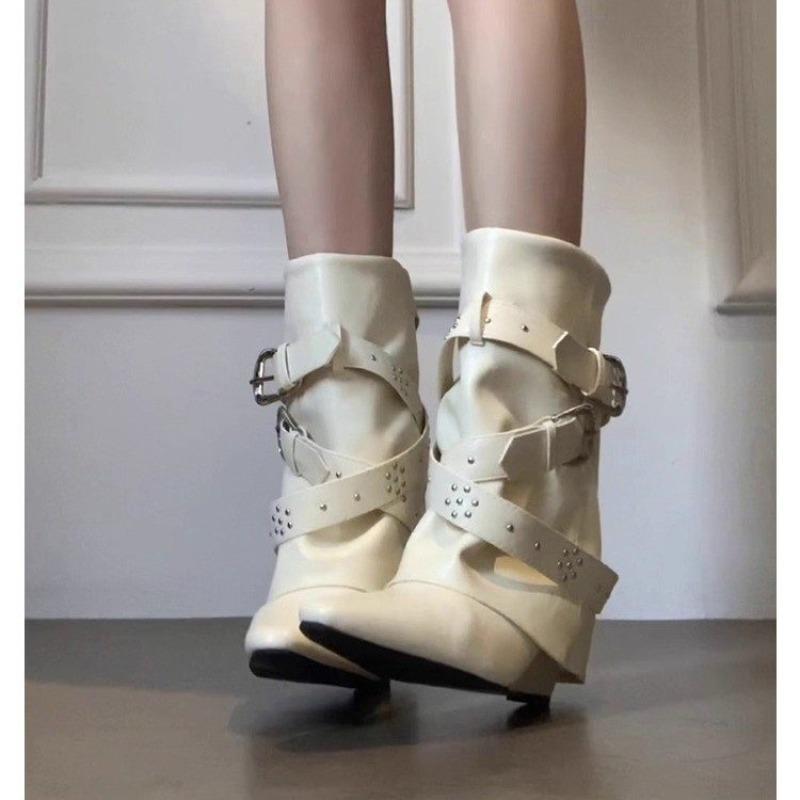 Fashion French Pants Boots Women's Pointed Toe Wedge Heel Mid-Tube Knight Boots Niche High-end Booties