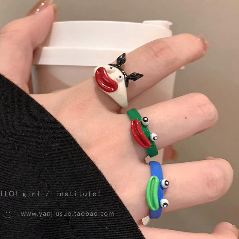 Morsom Liten Monsterring Store Øyne Pølsemunn Pekefingerring Søt Kul Tegneserie Søt Kjæreste Parring Smykker