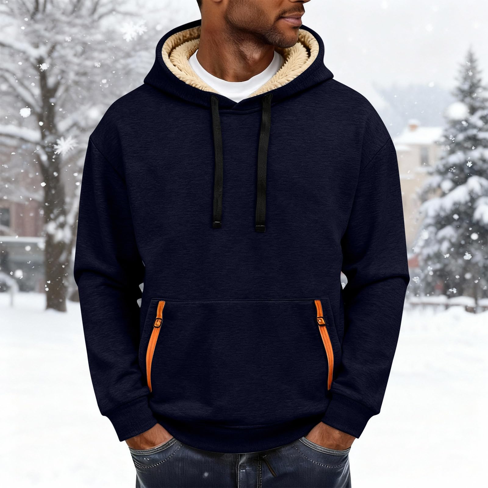 

Fashionable Men s Solid-Color Fleece-Lined Thickened Long-Sleeve Hoodie With Pockets XXXL