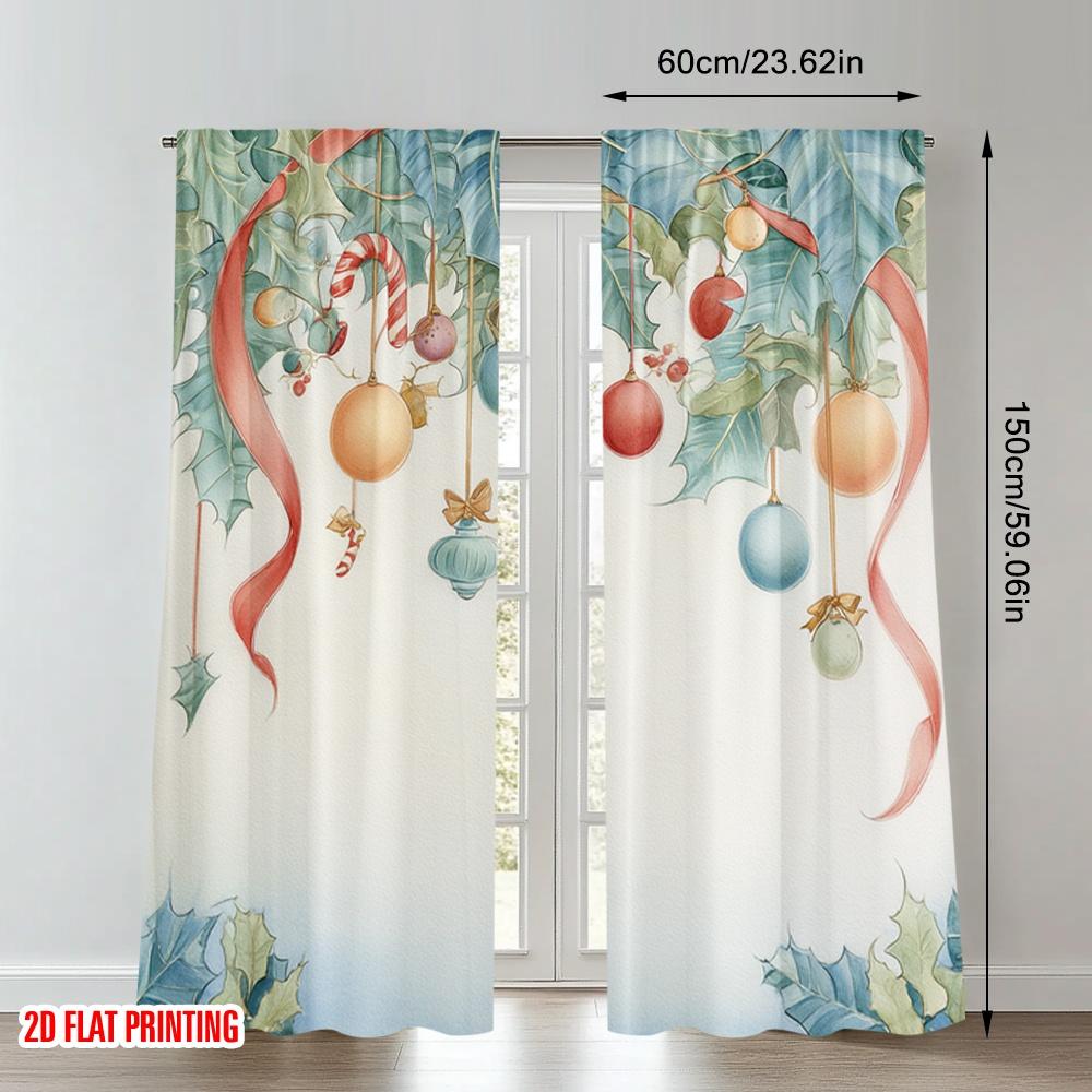 2pcs 2D flat printing Merry Christmas Curtains Christmas Holly Garland Ornaments Digital Printed Polyester Drapes Festive