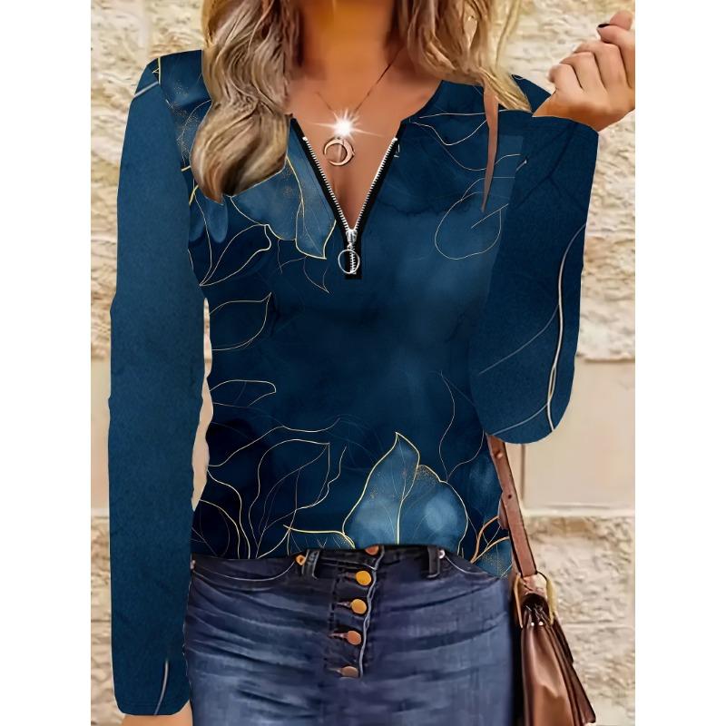 Full Body 3D Printed Floral Pattern Zipper T-Shirt, Casual Long Sleeve Top for Spring and Autumn, Suitable for Home Wear Outdoors