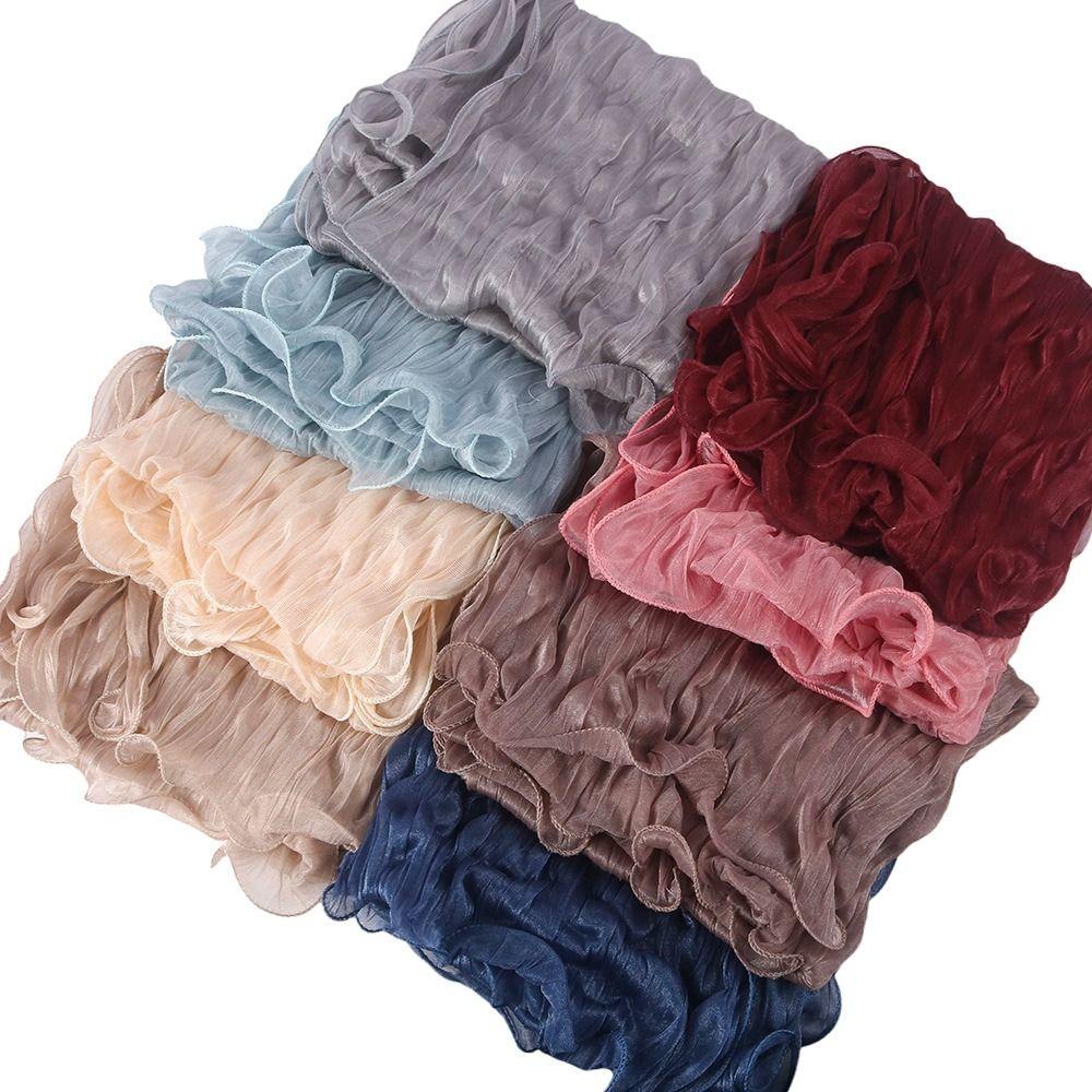 Shining Silk Scarf Ruffled Edge Chiffon Hijab Veil Fashion Ramadan Long Scarf Outdoor