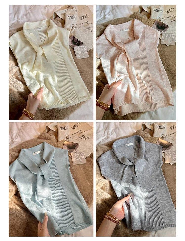 2025 Summer Women's V-Neck Knit Top with Shoulder Pads and Ribbon - Hong Kong Style