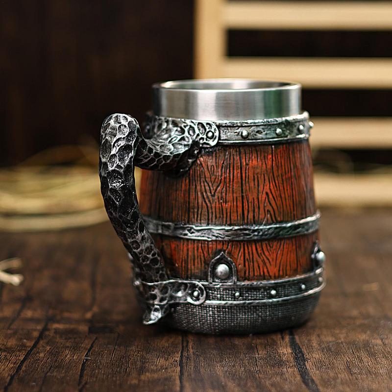 Tavern Mug Double Wall Medieval Cup 550ml Simulated Wooden Barrel Stainless Steel Mug Handmade Bucket Shaped Drinkware Beer