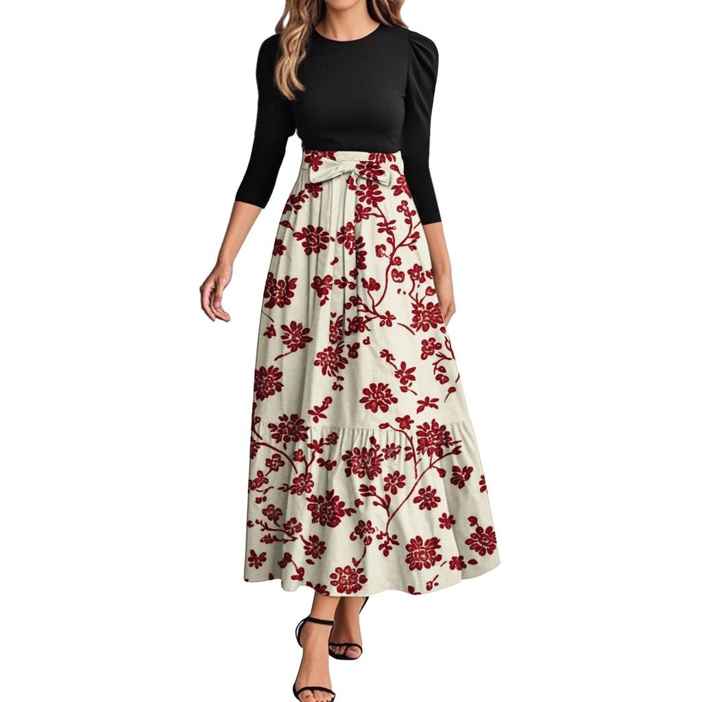 Damenmode Freizeitgürtel Rundhals Florale Stickerei Elegantes Temperament Dreiviertelarm Kleid