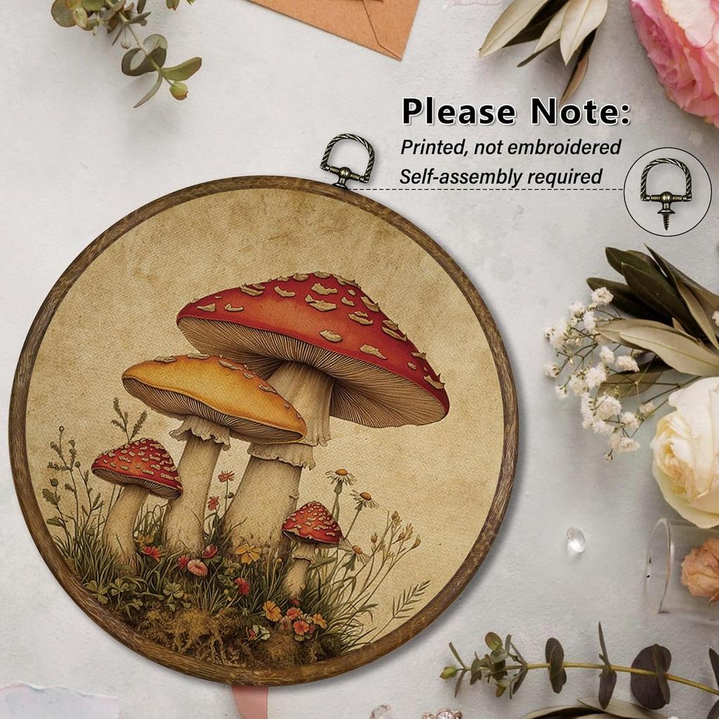 Qskjre Vintage Mushroom Wall Art Decor, Cottagecore Rustic Mushroom Floral Round Wood Framed Canvas Picture Wall Art, Fall Botanical Hanging Prints