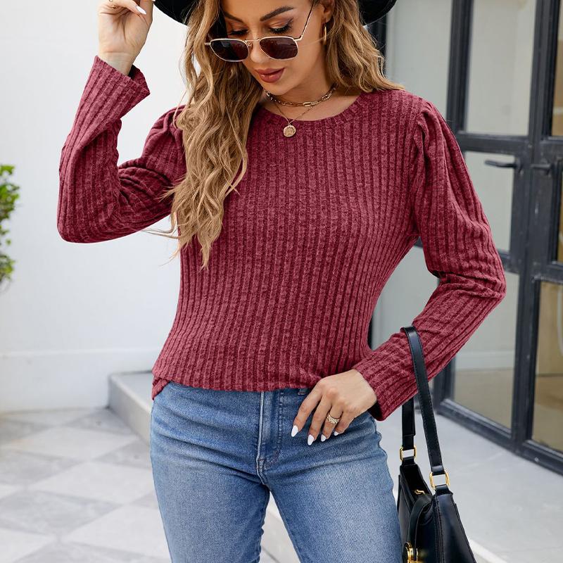 Damen-T-Shirt mit rundem Halsausschnitt, Puffärmeln, einfarbigem Oberteil und langen Ärmeln