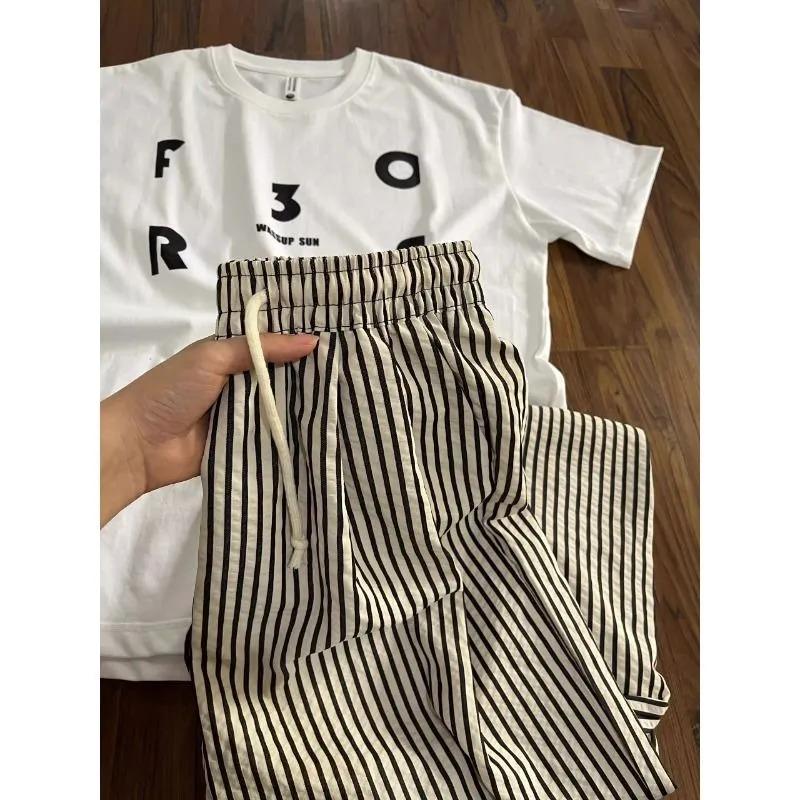 Womens Striped Drawstring Wide Leg Casual Pants