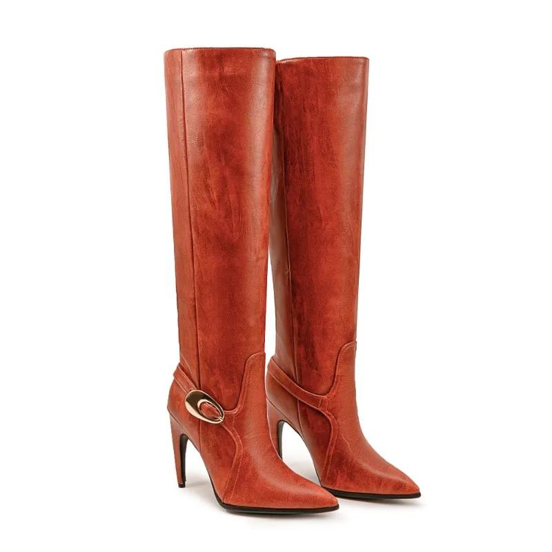 Fashion New Retro Fashion Belt Buckle Long Boots Autumn and Winter Pointed End 10cm High Heels Short Plush Warm Women's Boots Size 35-43