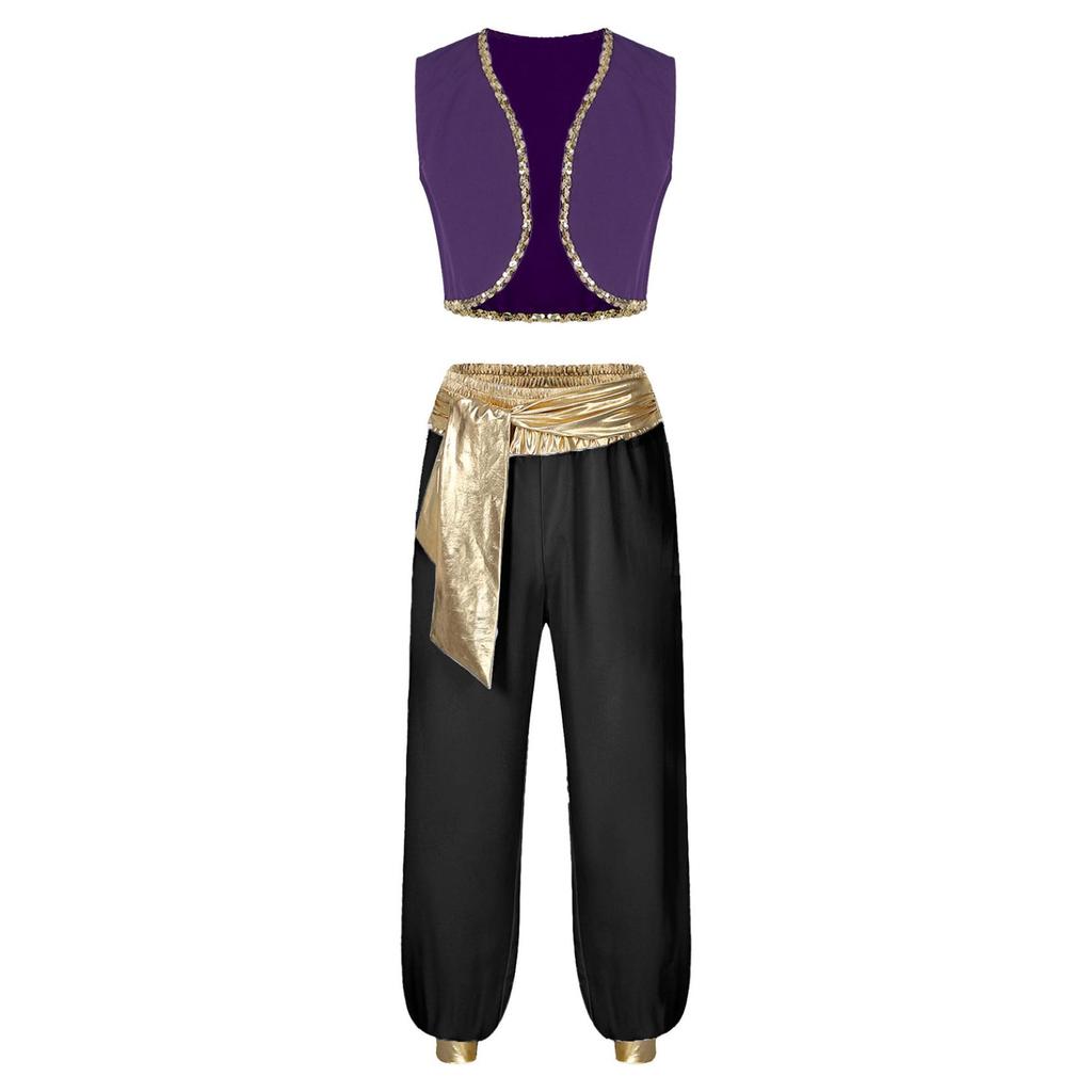 Men Halloween Arabian Prince Clothes Waistcoat Tops with Belt Bloomers Pants Fancy Dress Ball Outfits
