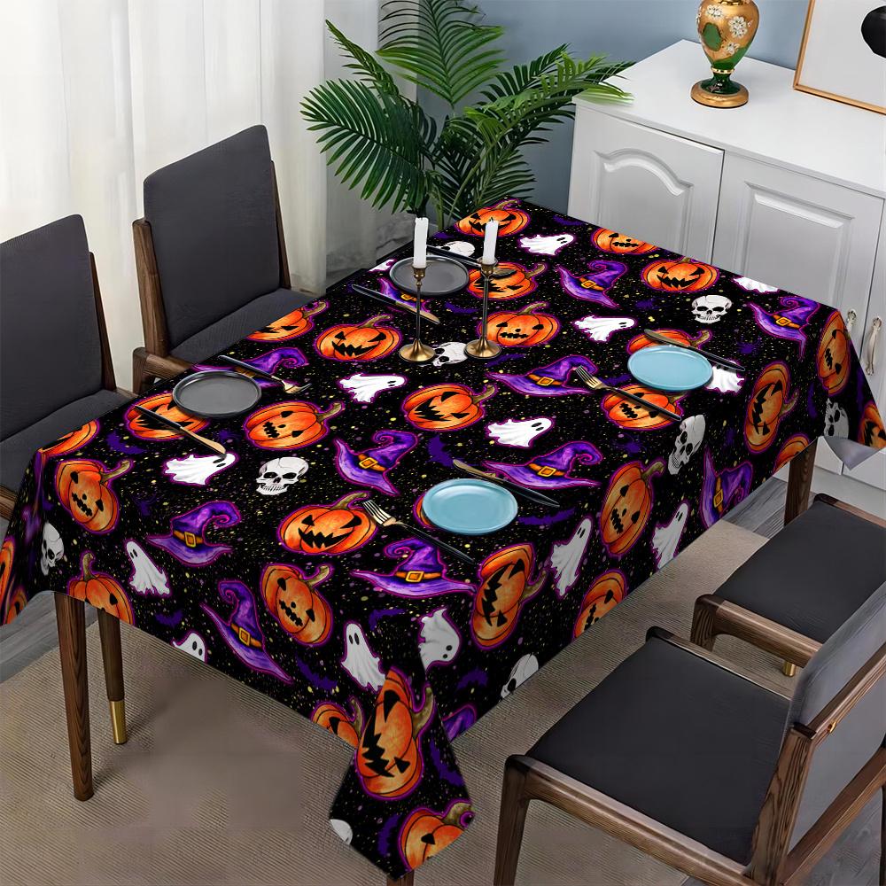 1pc Tablecloth Rectangular Table Cover - Halloween Theme, Jack-O'-Lantern, Bats, And Spider Web Pattern - Black And Orange Polyester Fabric, Suitable
