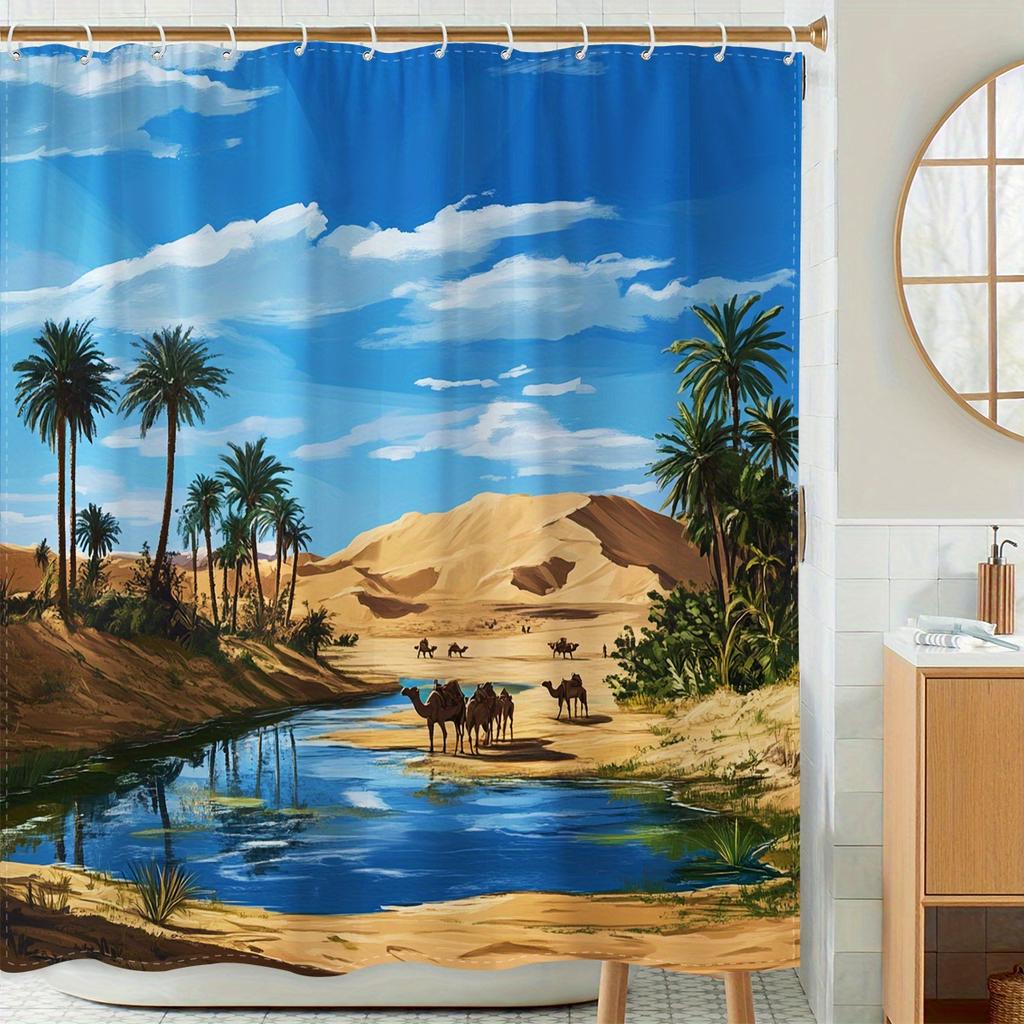 Open 1Pcs Desert Oasis Theme Digital Printed Shower Curtain, Polyester Fabric Shower Curtain, Bathroom Accessories, Home Decor