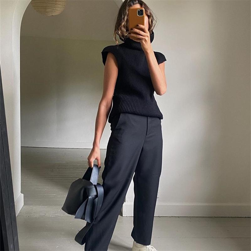 Pevný stojatý golier Pletená vesta s krátkym rukávom Office Lady All Match Fashion Vesta Košeľa Voľné Elegantné rovné topy