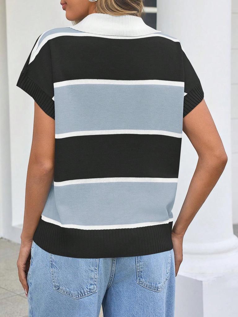 Women's Striped Short Sleeve Knit Sweater V Neck Button Down Color Block Loose Top