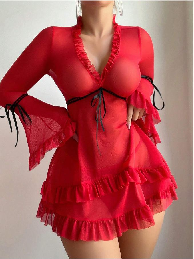 Europe and the United States new sexy mesh perspective pure desire Spice Girl long-sleeved erotic underwear set