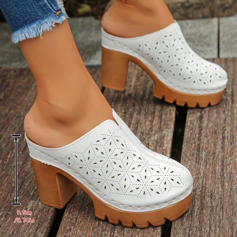 Women's Plus Size Suede High Heel Slippers Summer European American Style Carved Hollow Closed Toe Thick Block Heel