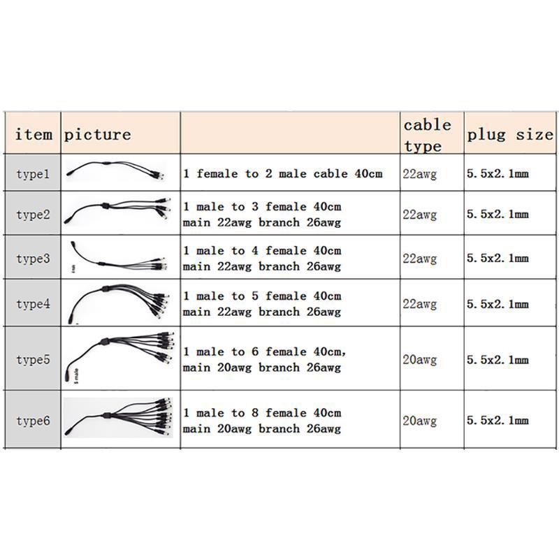 5.5x2.1mm DC 5v 12v 1 Female To 2/3/4/5/6/8 Way Male Power Supply Splitter Cable Adapter Connector Cord For Strip Light Camera