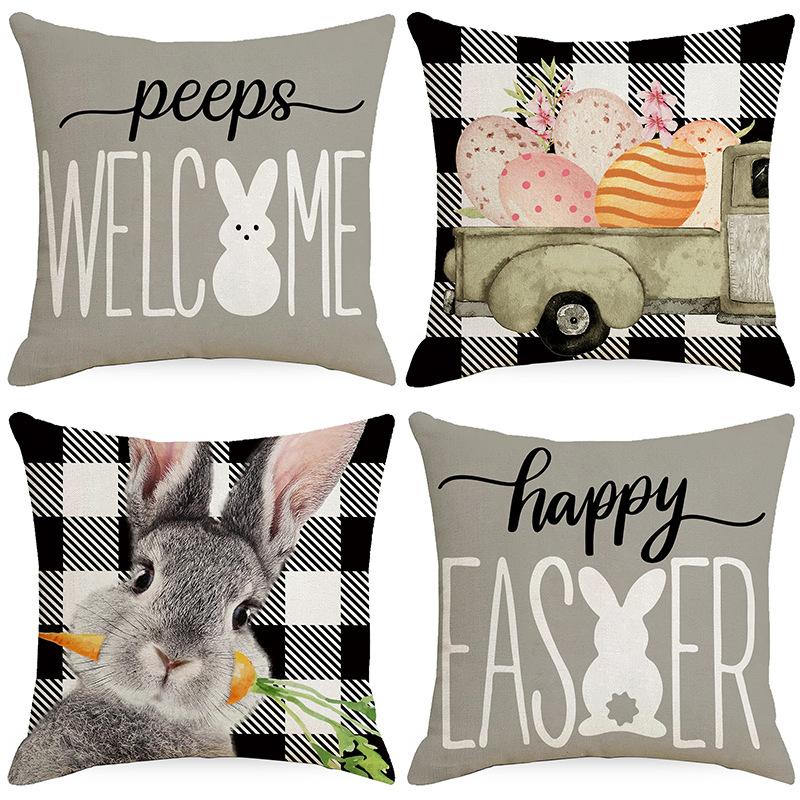 Easter Bunny Printed Linen Pillow Cover Spring Black and White Plaid Pillow Cover