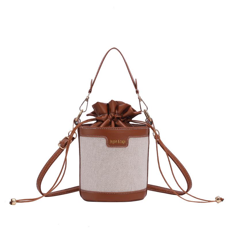 

Vintage Color Block Bucket Bag Trendy Shoulder Purse Fashion Round Cylinder Crossbody Handbag for Women коричневий