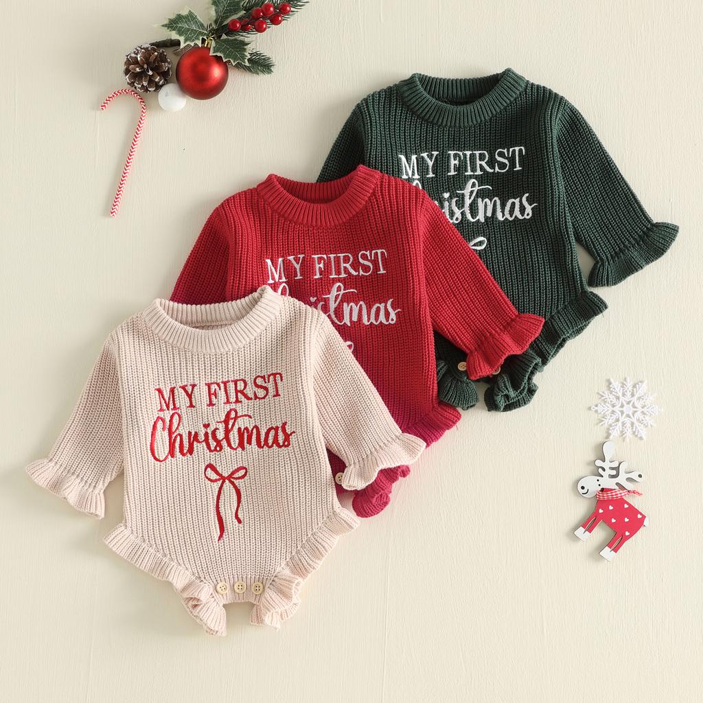 Citgeett Winter Christmas Infant Baby Girl Bodysuit Sweater Letter Embroidery Crew Neck Jumpsuit Fall Xmas Clothes