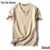 Men's Plus Size Summer Cotton-Linen V-Neck Loose Fit Short Sleeve T-Shirt