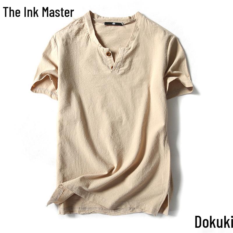 Men's Plus Size Summer Cotton-Linen V-Neck Loose Fit Short Sleeve T-Shirt