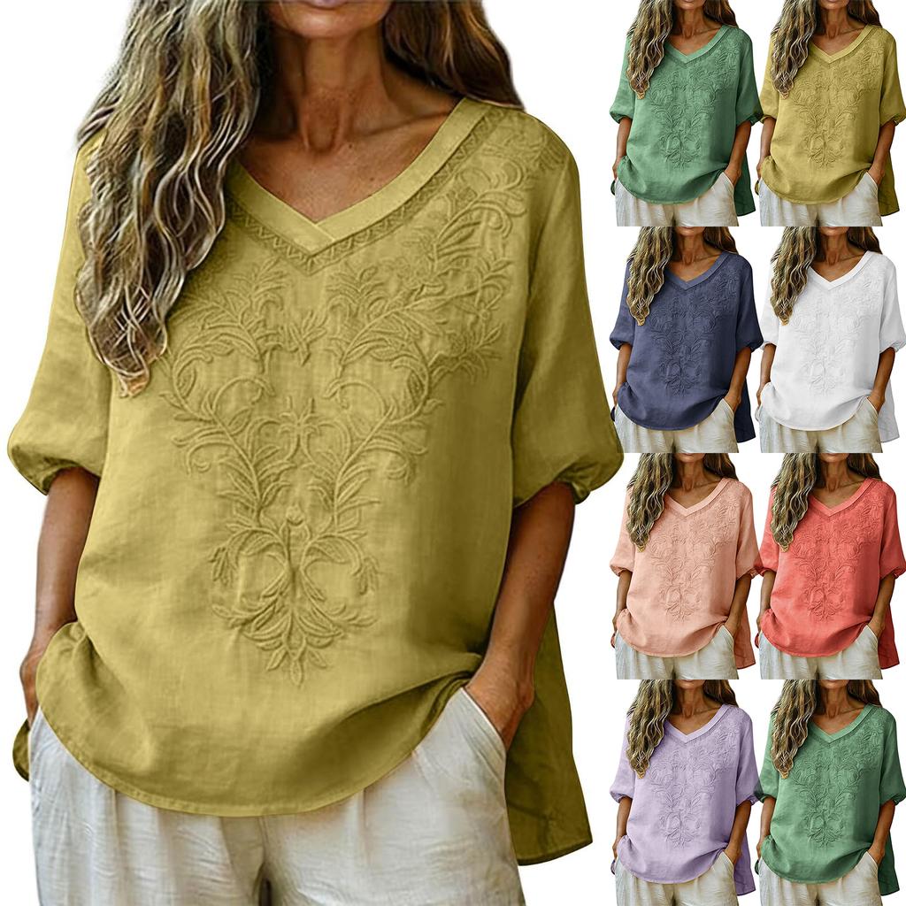 Women Vintage Embroidered V Neck Loose Fit Puff Sleeve T Shirt Casual Relaxed Fit Top for Daily Wear Spring Summer Outfits