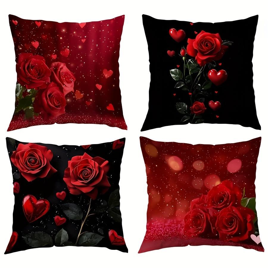 Red Rose and Love Heart Pattern Home Decor Pillow Cover Living Room Sofa Polyester Cushion Cover with Zipper
