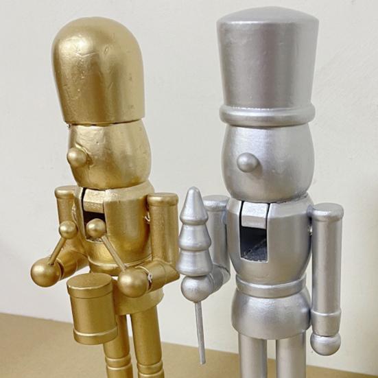 25CM Christmas Wooden Nutcracker Figurine Golden Silver Color Cartoon Soldier Figure Festival Holiday Party Ornament Decoration