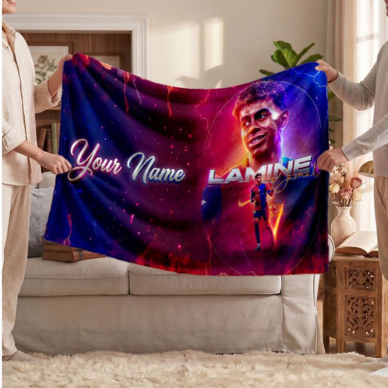Lamine Yamal Personalized Fleece Blanket With Football Logo, Custom Name Text Soft Warm Home Throw Blanket