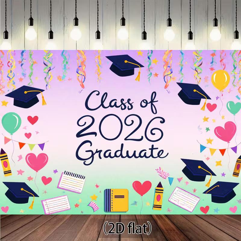 

2D Colorful Class of 2026 Photography Backdrop, Hearts & Balloons Deco 47.2x31.5inch/120*80cm