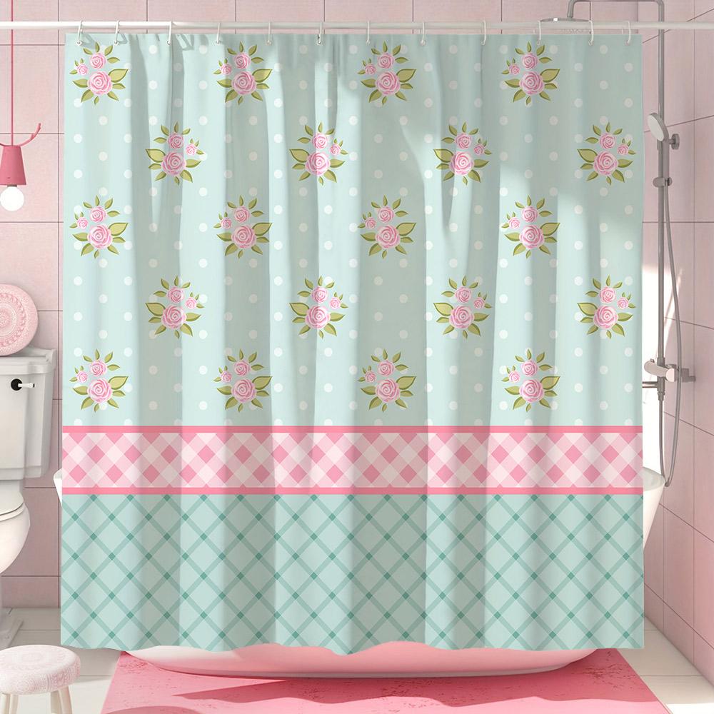 Cute Pink Bow Shower Curtain Simple European Lace Stripe Minimalist Modern Polyester Shower Curtains Bathroom Decor with Hooks