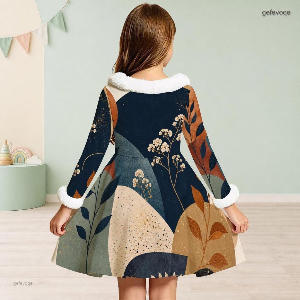 Little Girls Furry Collar Long Sleeve Printed A Line Flared Dress
