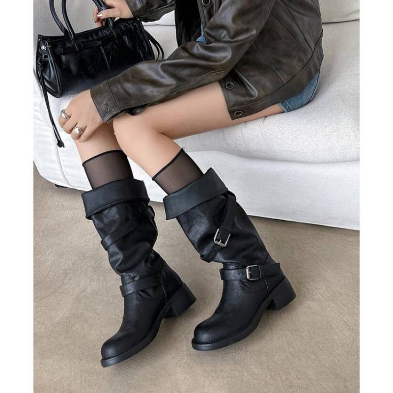 Autumn and winter women's large tube circumference Martin boots solid color medium heel large size women's boots versatile rubber platform co