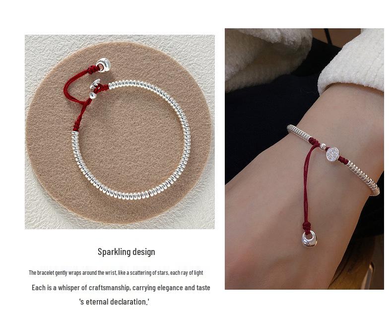 S925 Sterling Silver and Red Rope Bracelet with Round Beads - Gift for Good Luck and Peace