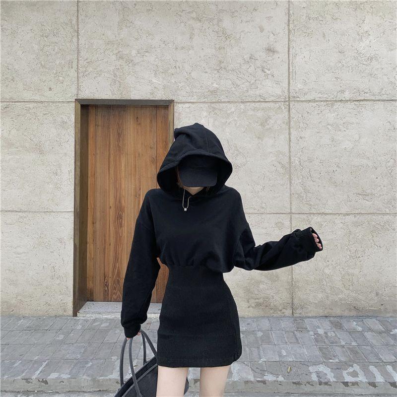 Waist-Cinching Slimming Long-Sleeve Hooded Dress: 2025 French-Korean Style Campanula Skirt for Autumn Women