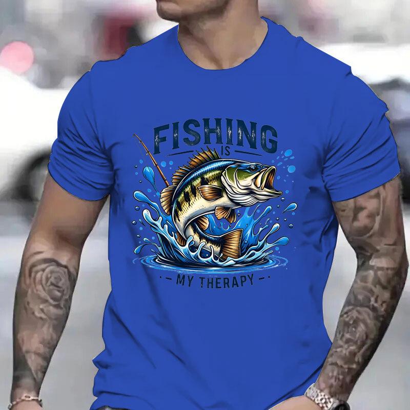 Unisex Crew Neck Bass Fishing Therapy Graphic Short Sleeve Cotton Tee Casual Summer Streetwear Loose Basic Daily Outdoor Wear Top