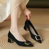 Fashion Pointed Toe Shoes for Women Work Career Office with Medium Heels Black Woman Footwear Metal Decoration Square E Korean Style