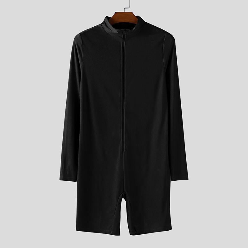 

INCERUN Мужской комбинезон-ромпер с длинным рукавом на молнии, однотонный, облегающий, пижама, комбинезон, боди, нижнее белье M чёрный