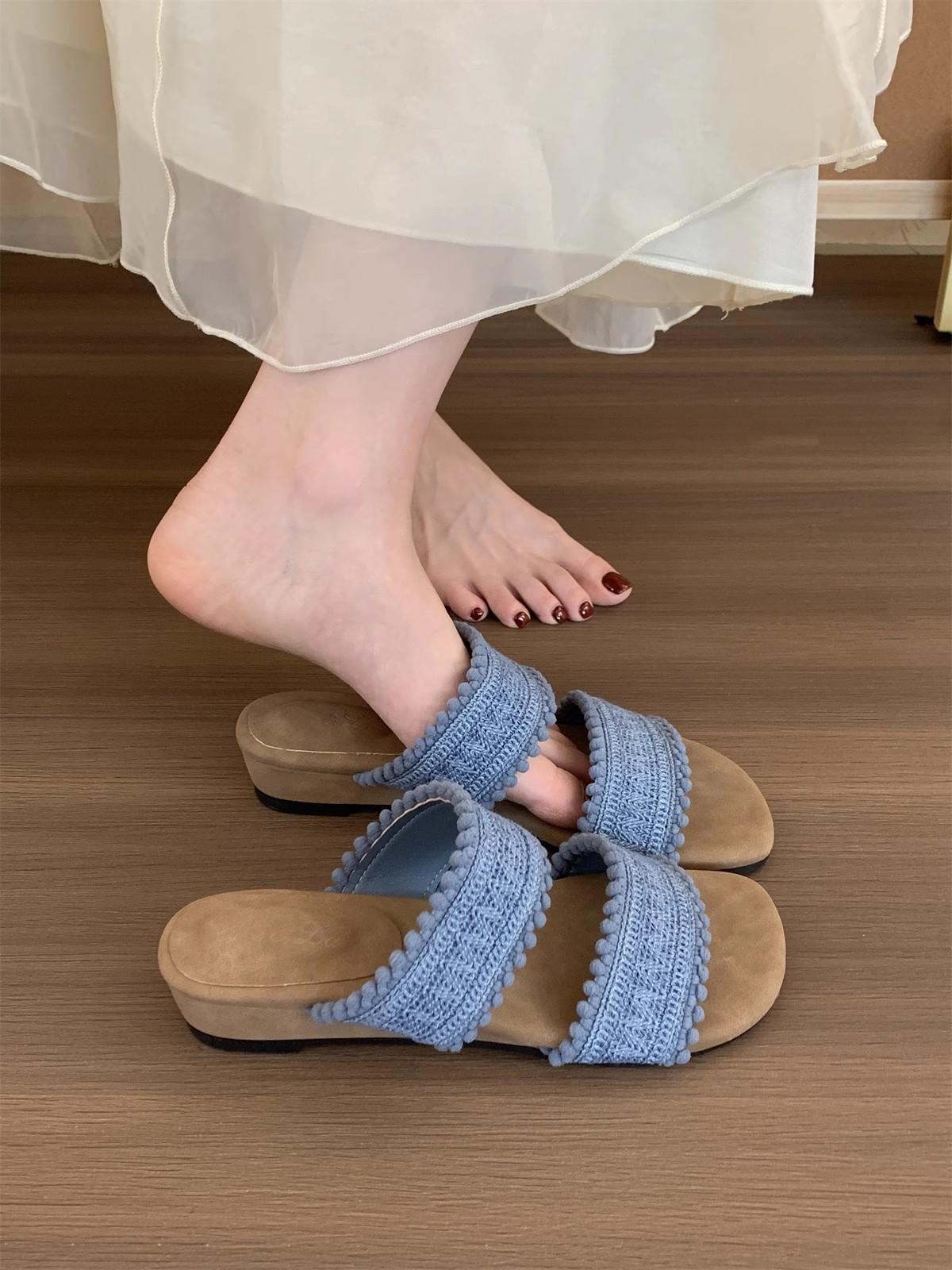 

Roman woven slippers 2025 summer gentle fairy bohemian vacation beach slope heel cool slippers 40 синий